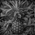 Black and white illustration of a pineapple surrounded by tropical leaves and flowers