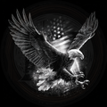 Black and white illustration of an eagle with an American flag in the background