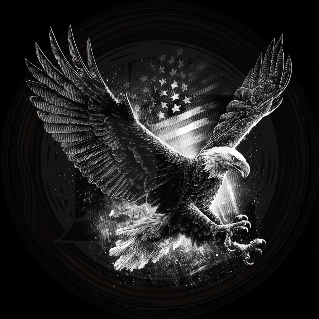 Black and white illustration of an eagle with an American flag in the background