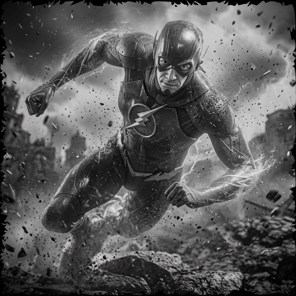 Superhero in a dynamic pose with a blurred background