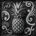 Decorative black and white pineapple with intricate patterns on a dark background