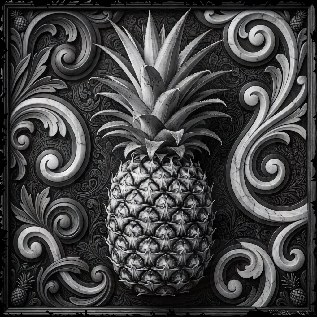 Decorative black and white pineapple with intricate patterns on a dark background