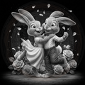 Two animated bunnies in a romantic pose with flowers and falling petals on a dark background