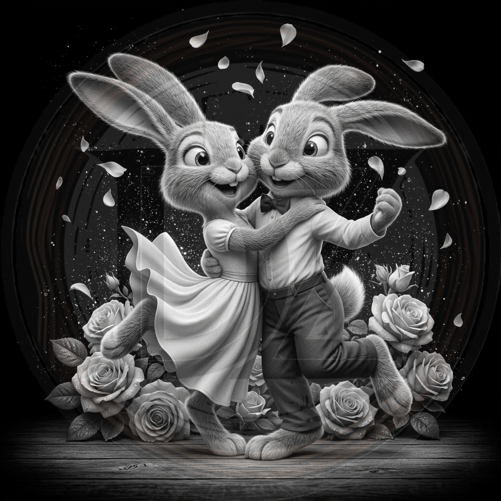 Two animated bunnies in a romantic pose with flowers and falling petals on a dark background