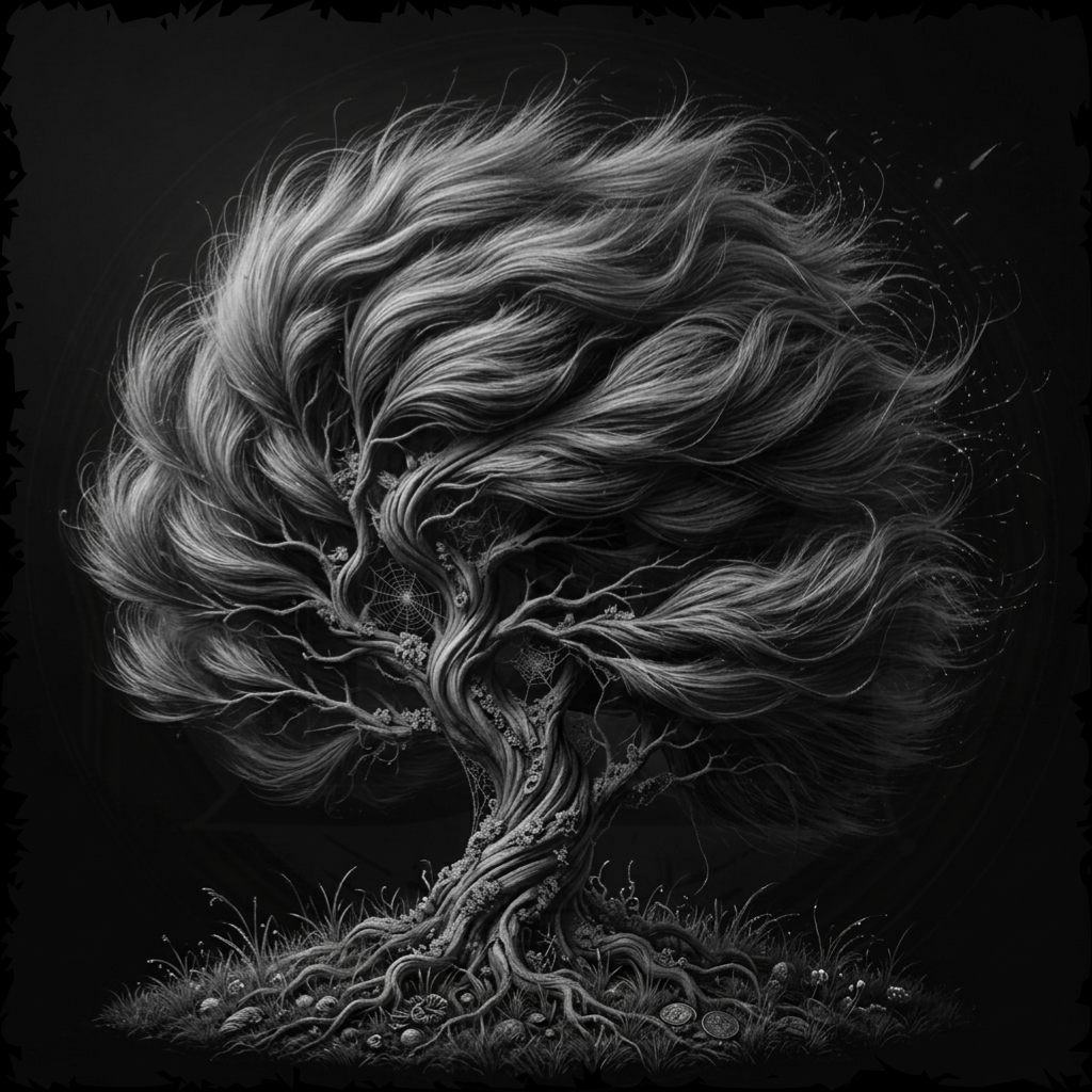 Black and white illustration of a tree with flowing branches on a dark background