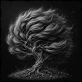 Black and white illustration of a tree with flowing branches on a dark background