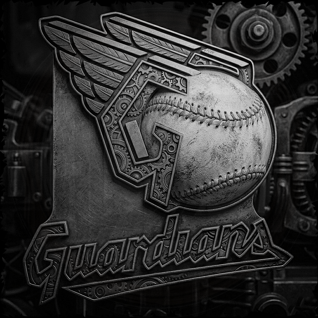 Logo with a baseball and wings on a dark background with mechanical elements