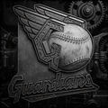 Logo with a baseball and wings on a dark background with mechanical elements
