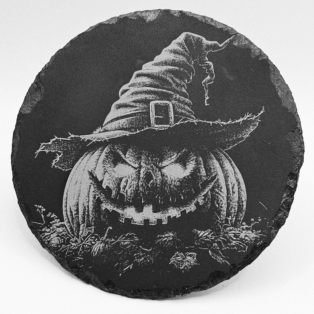 Black slate coaster with a carved pumpkin and witch's hat design on a white background