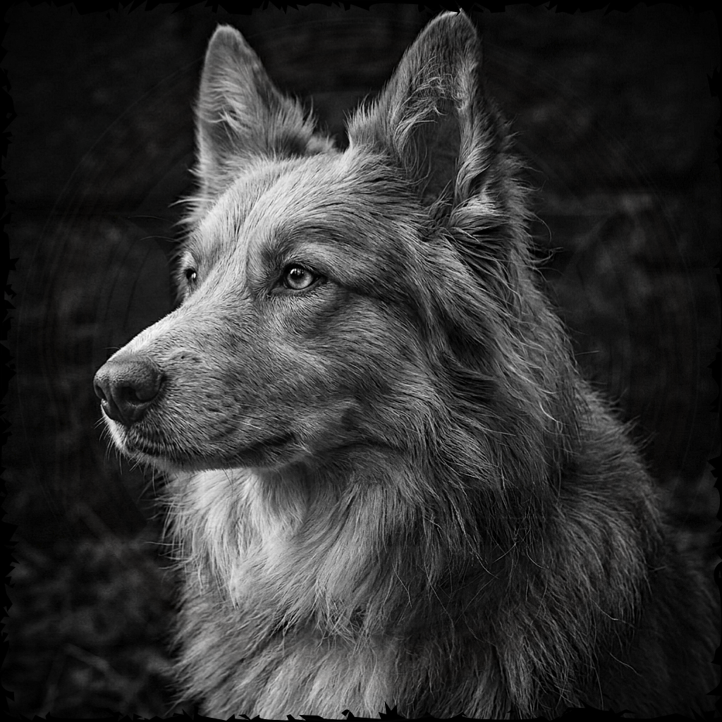 Black and white portrait of a wolf with a dark background