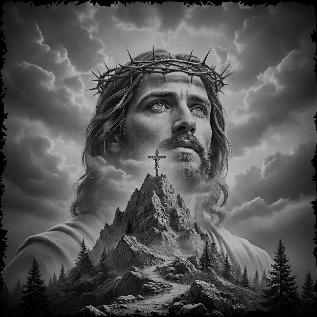Black and white illustration of a bearded man with a crown of thorns, looking towards a cross on a mountain peak.