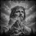 Black and white illustration of a bearded man with a crown of thorns, looking towards a cross on a mountain peak.