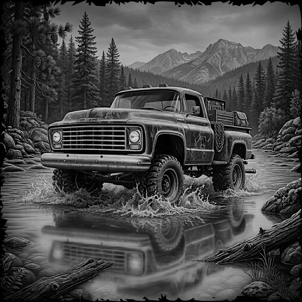 Vintage truck crossing a river in a forest with mountains in the background