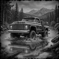 Vintage truck crossing a river in a forest with mountains in the background