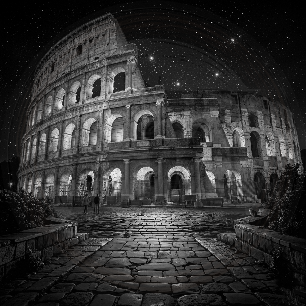 Black and white image of the Colosseum at night with stars in the sky.