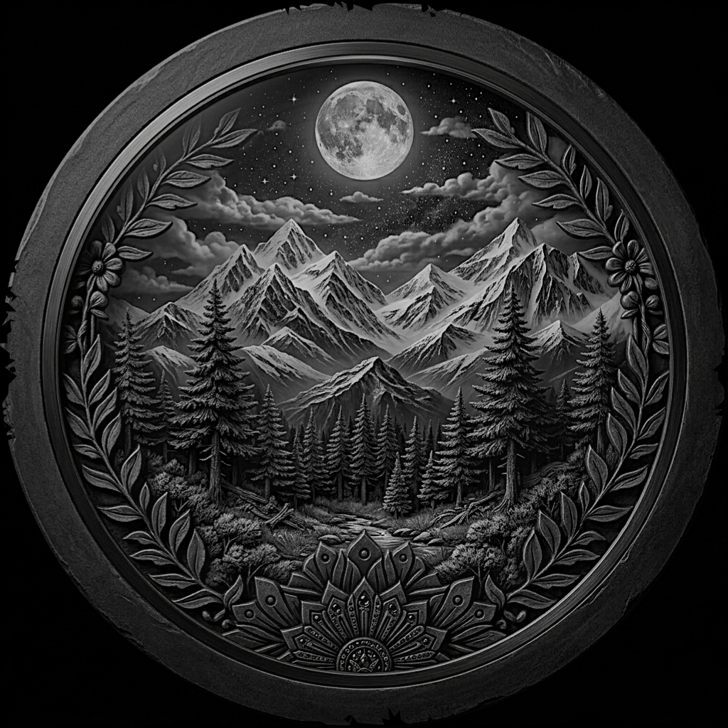 Decorative round piece with a mountain and forest design, featuring a full moon and starry sky.