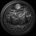 Decorative round piece with a mountain and forest design, featuring a full moon and starry sky.
