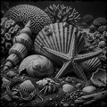 Black and white image of seashells and coral