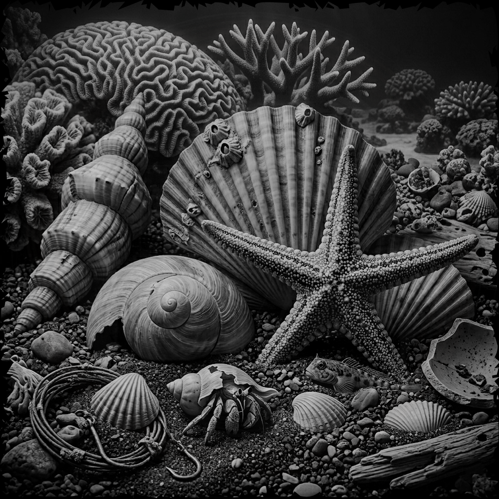 Black and white image of seashells and coral