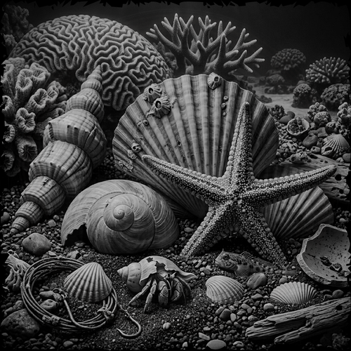 Black and white image of seashells and coral