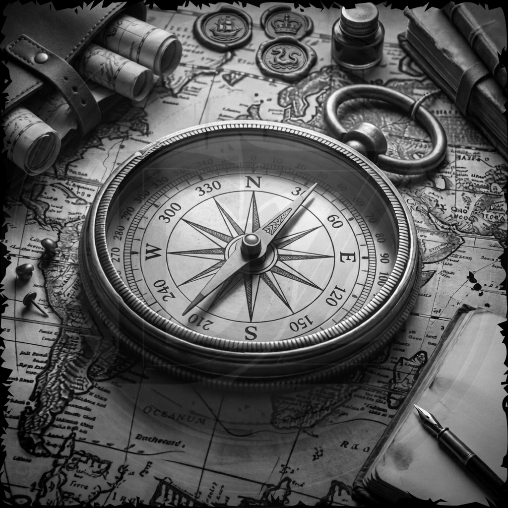 Compass on an old map with quill pen and ink bottle