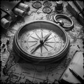 Compass on an old map with quill pen and ink bottle