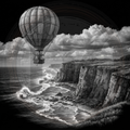 Hot air balloon over a coastal landscape with cliffs and ocean waves.