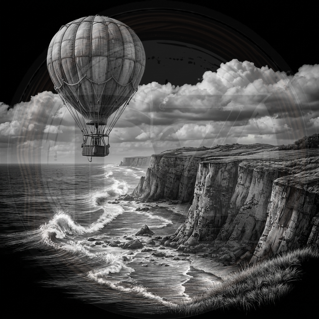 Hot air balloon over a coastal landscape with cliffs and ocean waves.