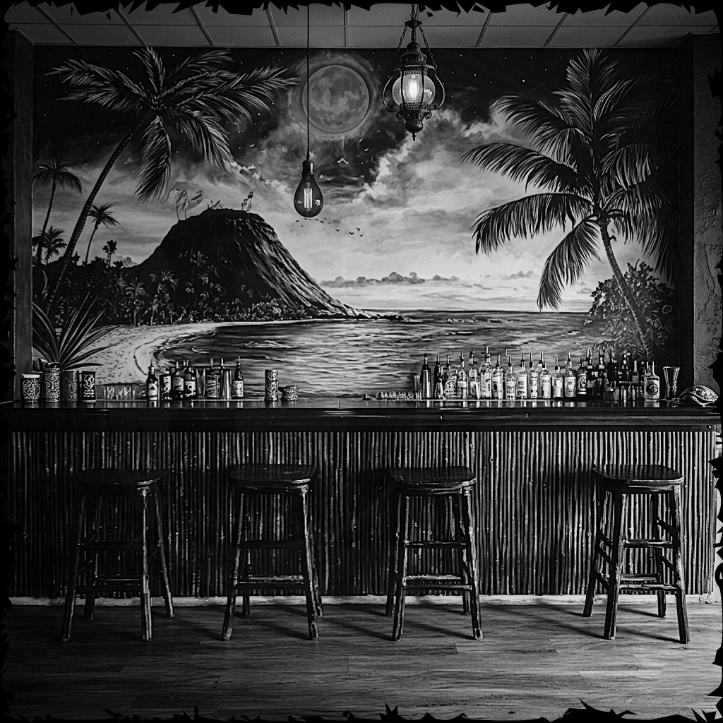 Bar with a tropical mural on the wall featuring palm trees and a volcano.