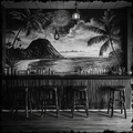 Bar with a tropical mural on the wall featuring palm trees and a volcano.