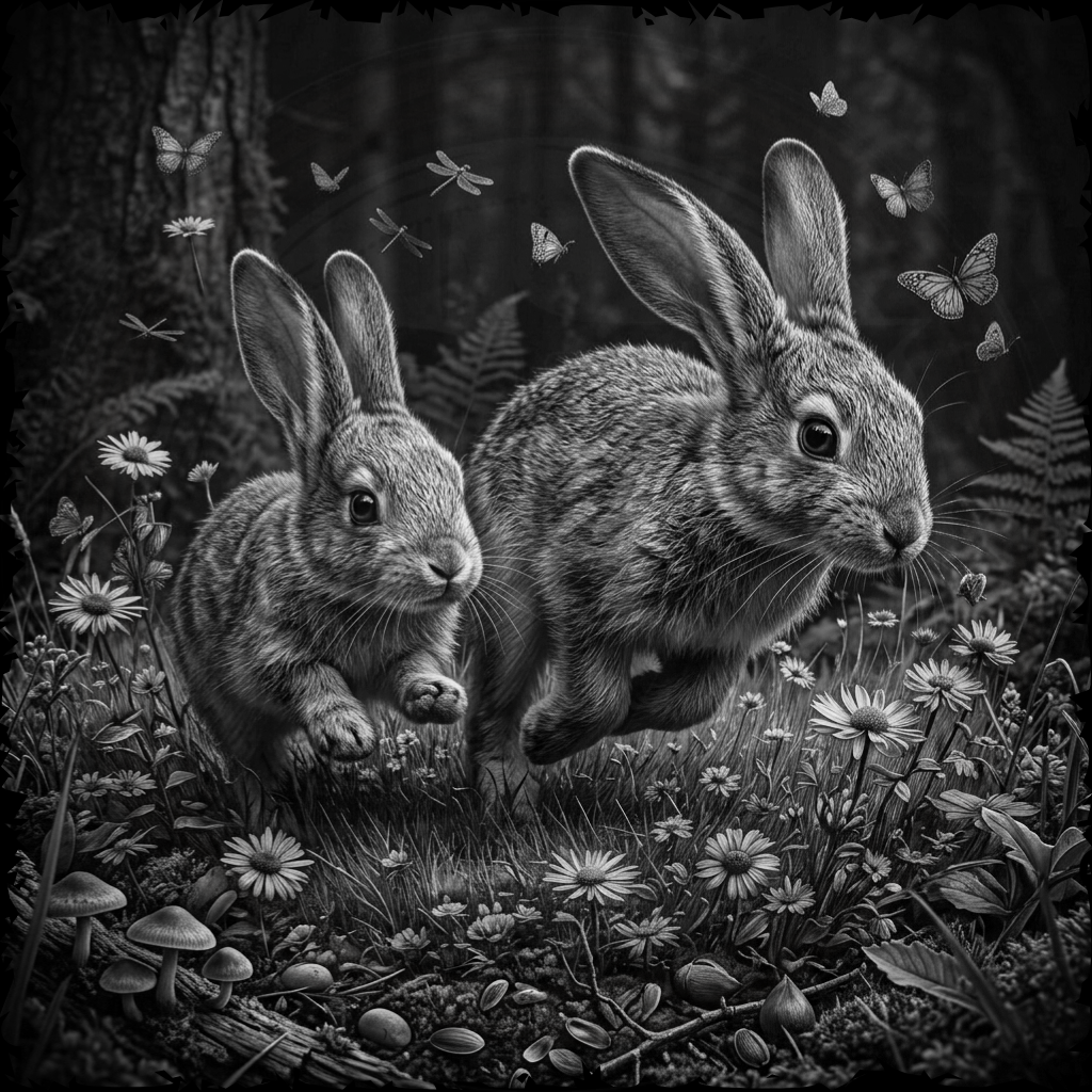 Two rabbits in a forest setting with flowers and butterflies.