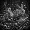 Two rabbits in a forest setting with flowers and butterflies.