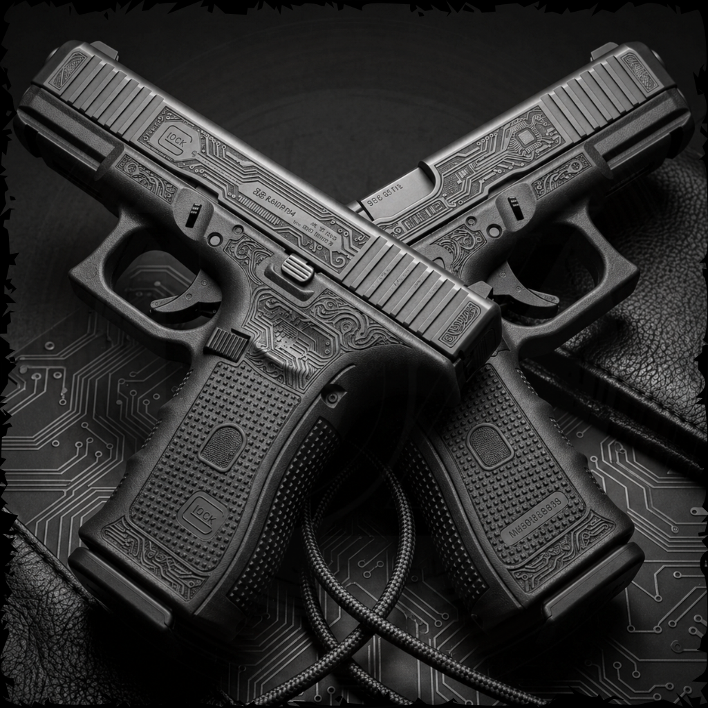 Two black handguns with intricate designs on a dark background