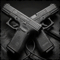 Two black handguns with intricate designs on a dark background