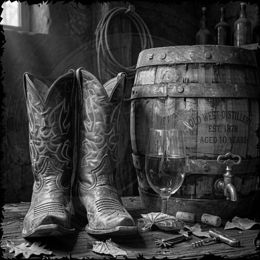 Cowboy boots next to a barrel and glass of wine on a wooden surface.