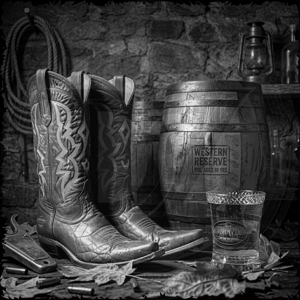 Pair of cowboy boots with a wooden barrel and glass in a rustic setting