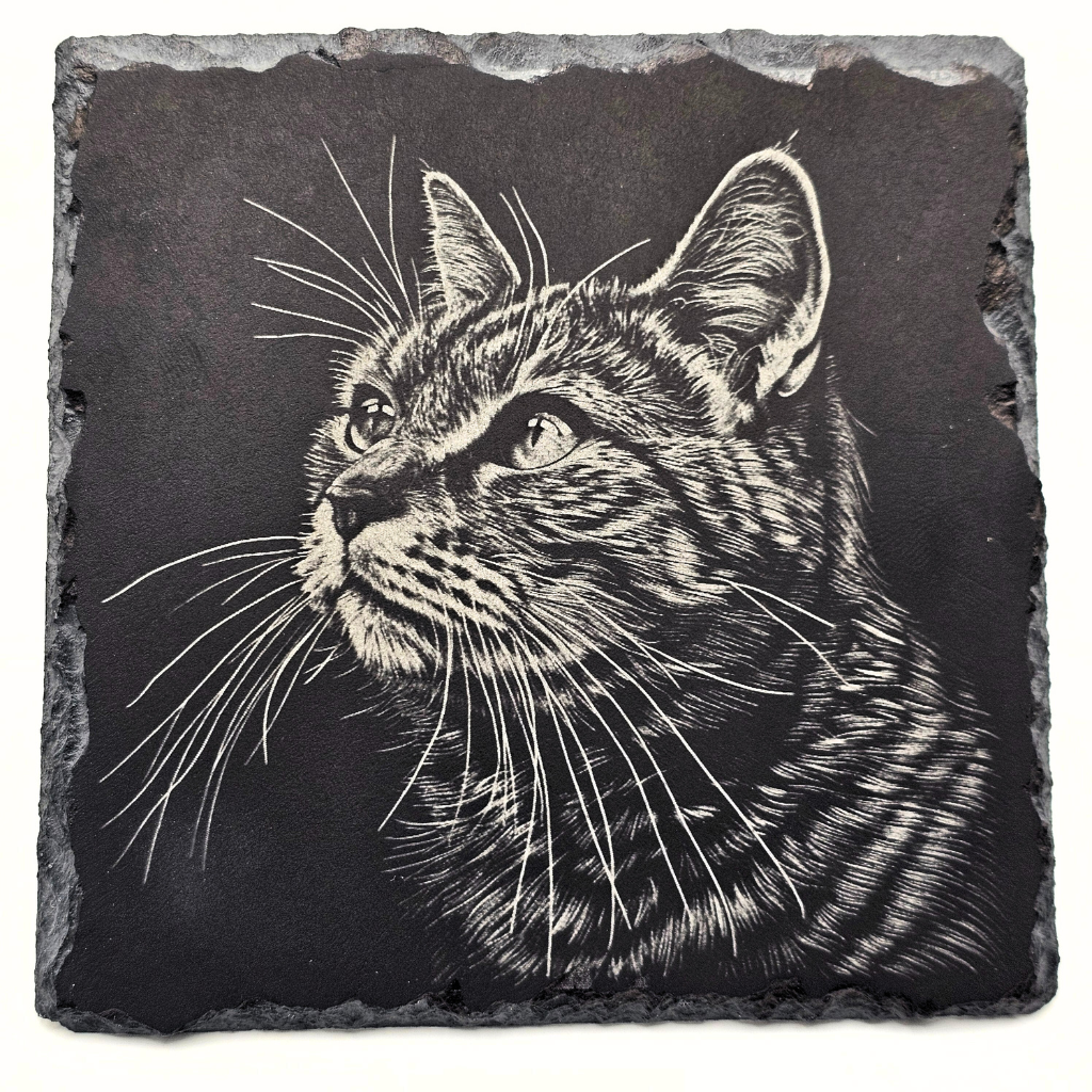 Slate coaster with a engraved cat design on a white background