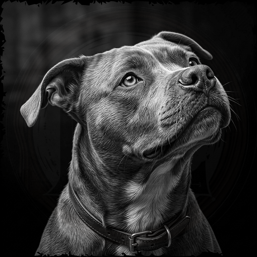 Black and white portrait of a dog with a dark background
