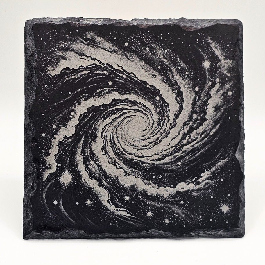 Spiral galaxy design on a square slate tile