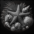 Black and white illustration of a starfish and various shells on a dark background
