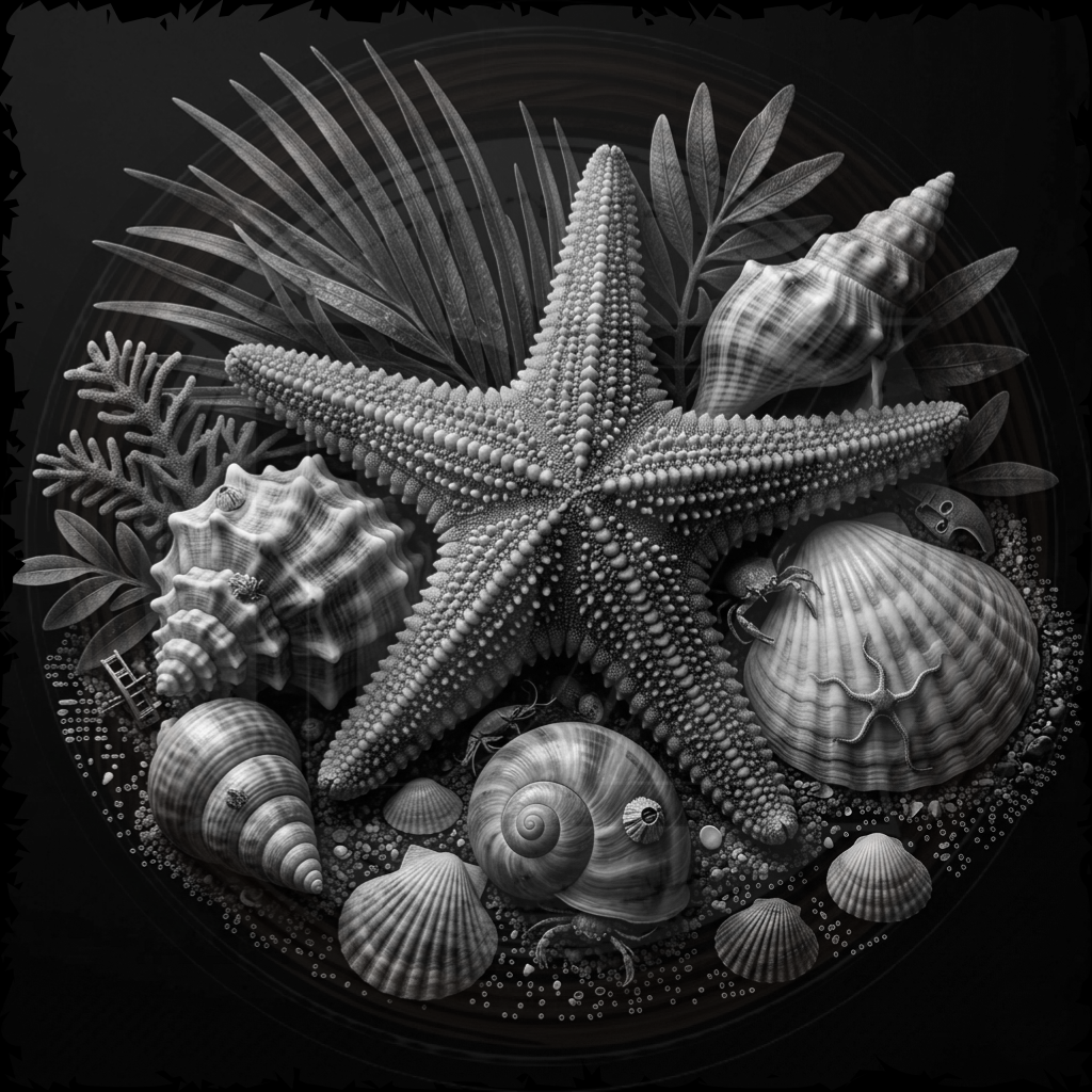 Black and white illustration of a starfish and various shells on a dark background