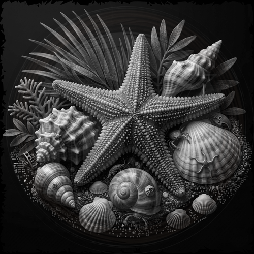 Black and white illustration of a starfish and various shells on a dark background