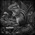 Black and white image of a squirrel on a log with mushrooms and leaves.