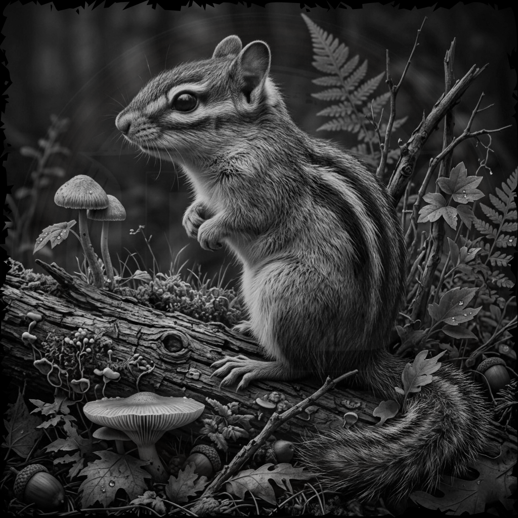 Black and white image of a squirrel on a log with mushrooms and leaves.