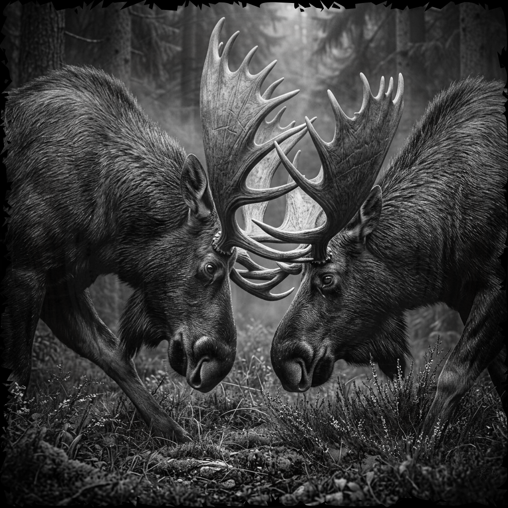 Two moose facing each other in a forest setting