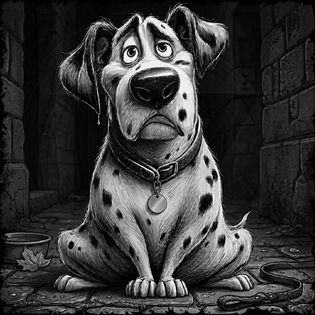 Black and white illustration of a dalmatian dog sitting on a stone floor.