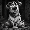 Black and white illustration of a dalmatian dog sitting on a stone floor.