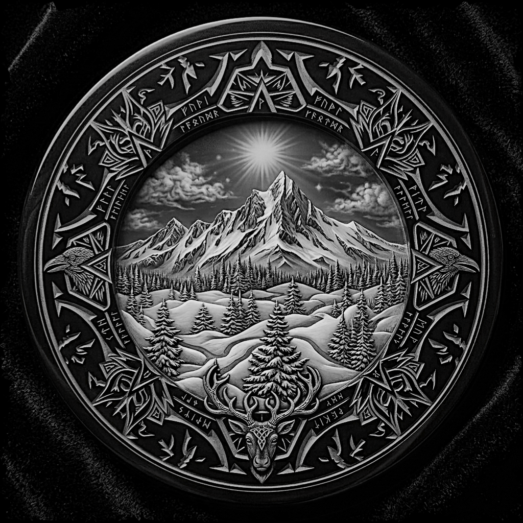 Decorative coin with mountain and forest design on a black background