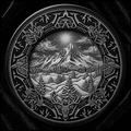 Decorative coin with mountain and forest design on a black background