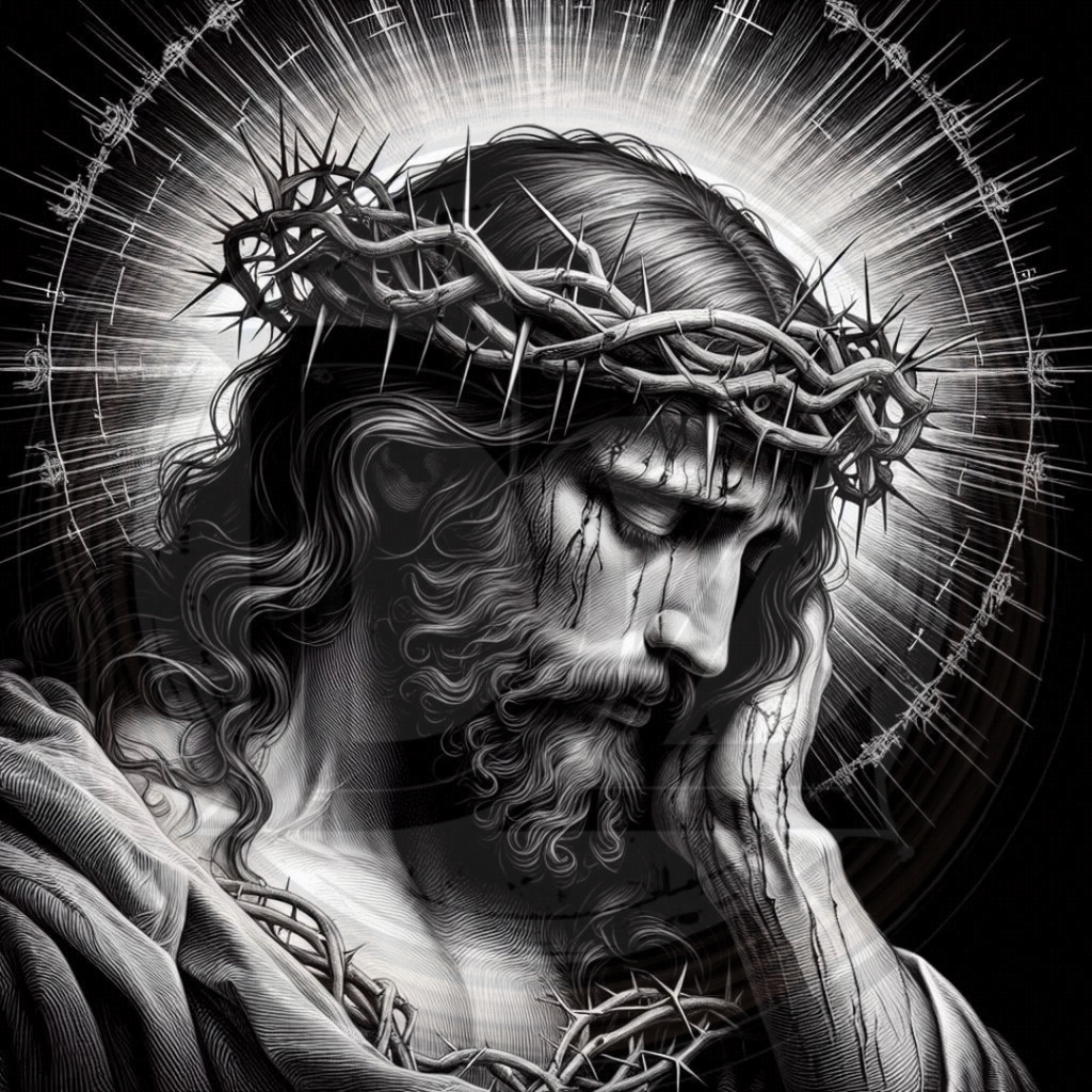 Jesus with a crown of thorns and a halo.